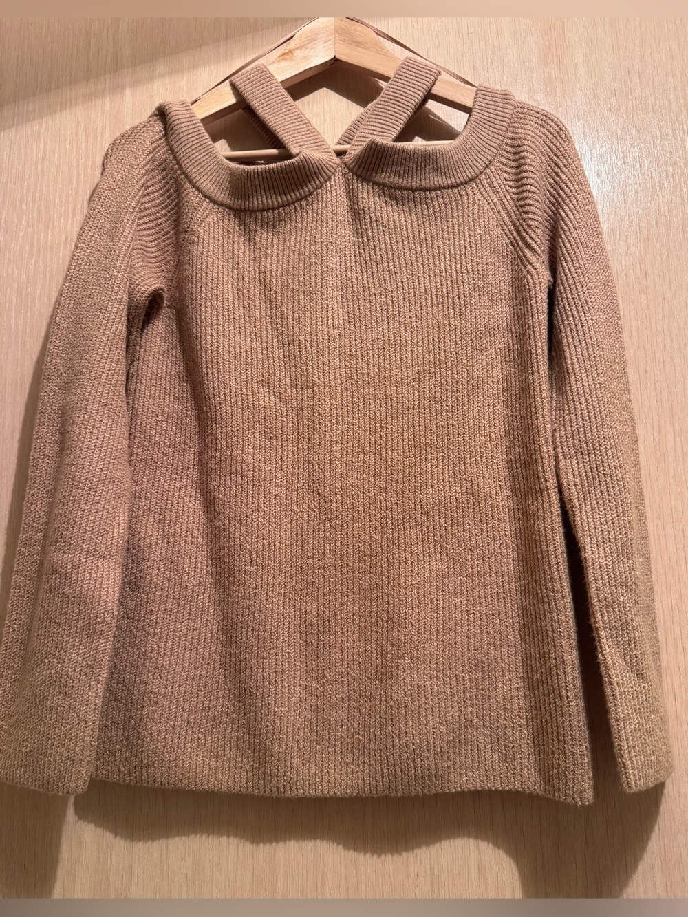 1. State Off-the-Shoulder Cross-Back Sweater - Camel
